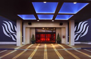 Entrada de hotel con diseño moderno, destacando un acceso por puerta de vidrio, techo iluminado en azul y paneles decorativos en la pared.