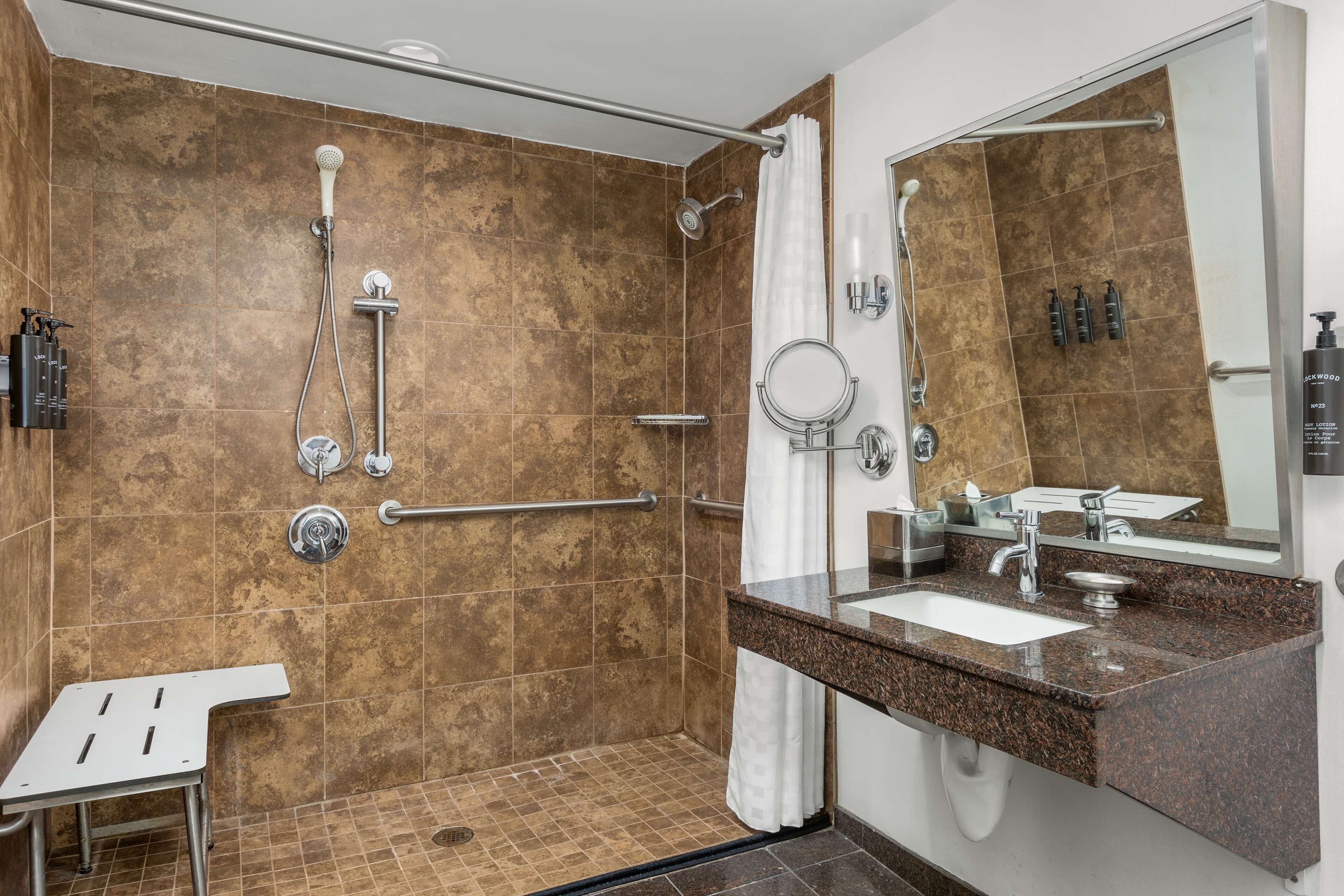 Un baño moderno con ducha, barra de apoyo y lavamanos con espejo.