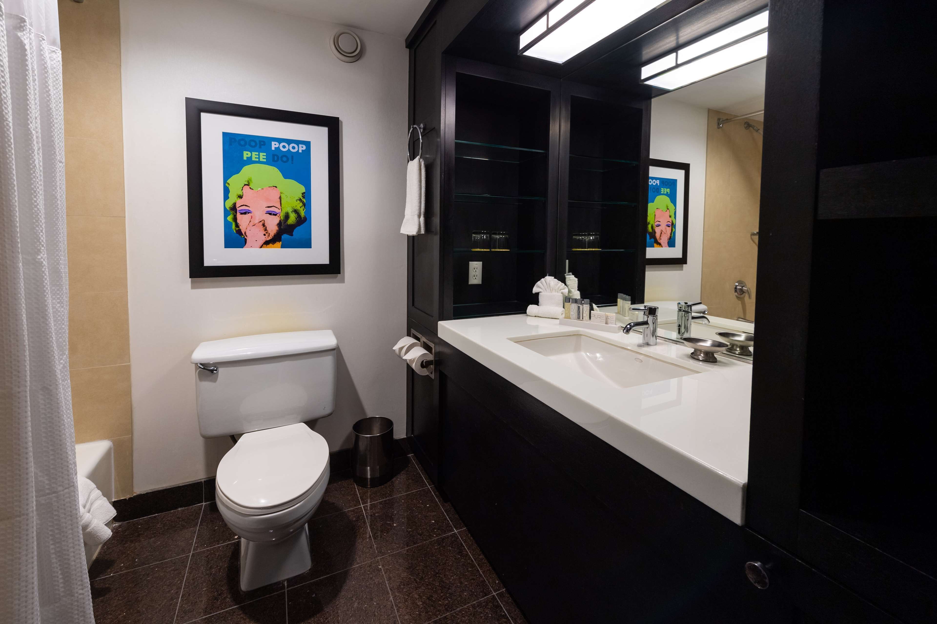 combined shower/bathtub, free toiletries, hair dryer, towels