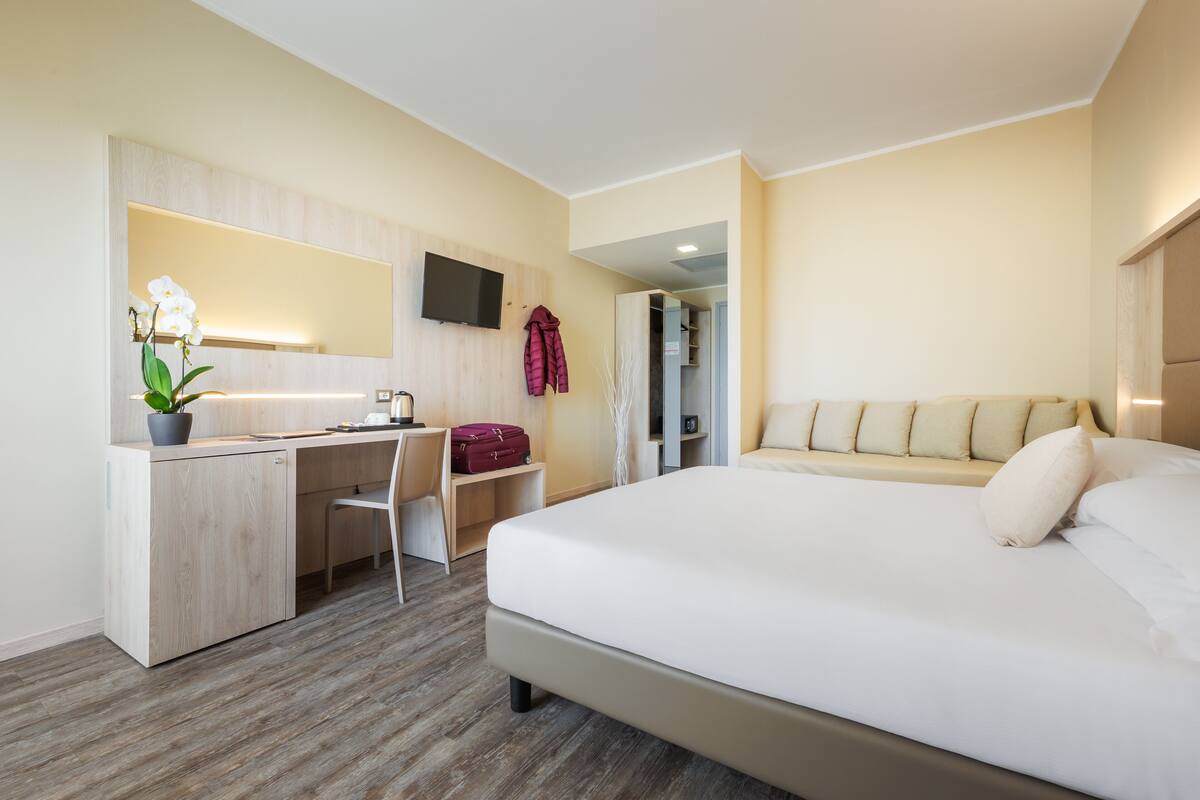 A hotel room with a bed, a desk, a chair, a TV, and a mirror.