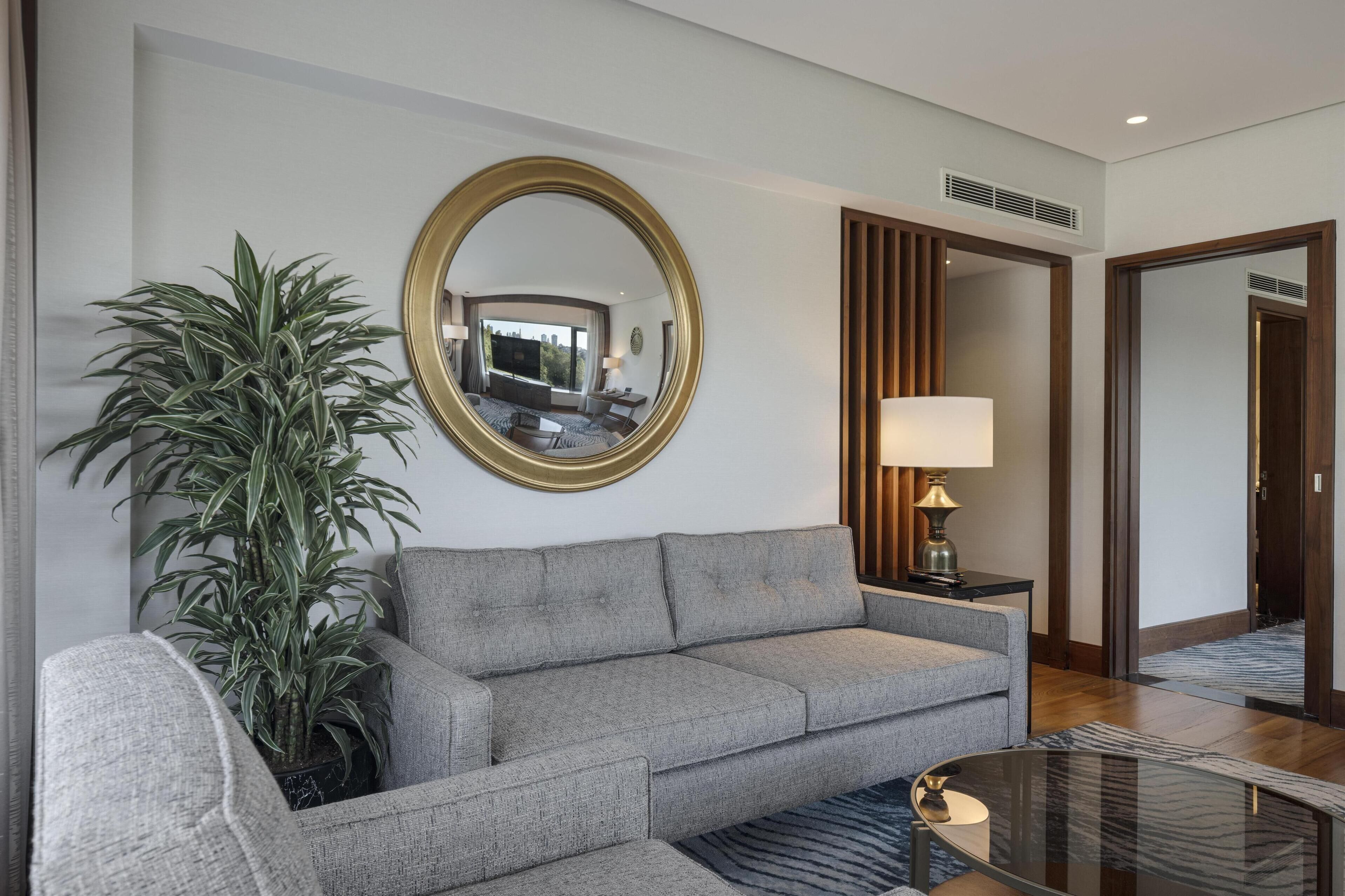A modern living room with a grey sofa, a large mirror, a potted plant, and a lamp.