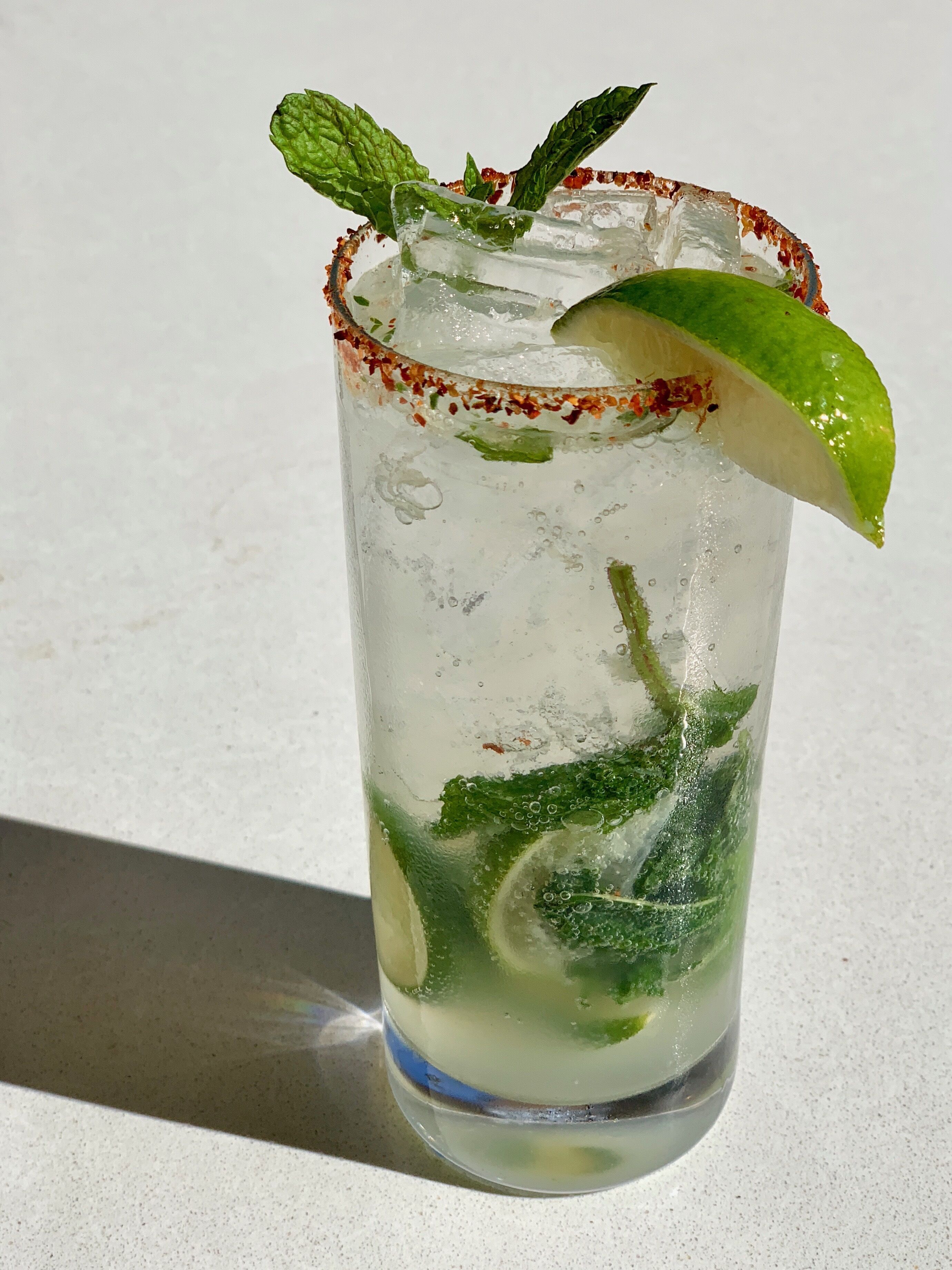 A tall glass with a lime wedge and mint leaves, containing a clear liquid with ice cubes.