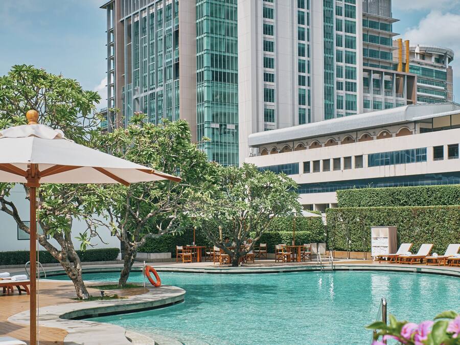 Outdoor pool, pool umbrellas, pool loungers