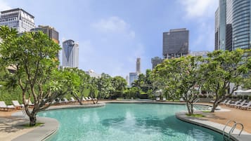 Outdoor pool, pool umbrellas, pool loungers