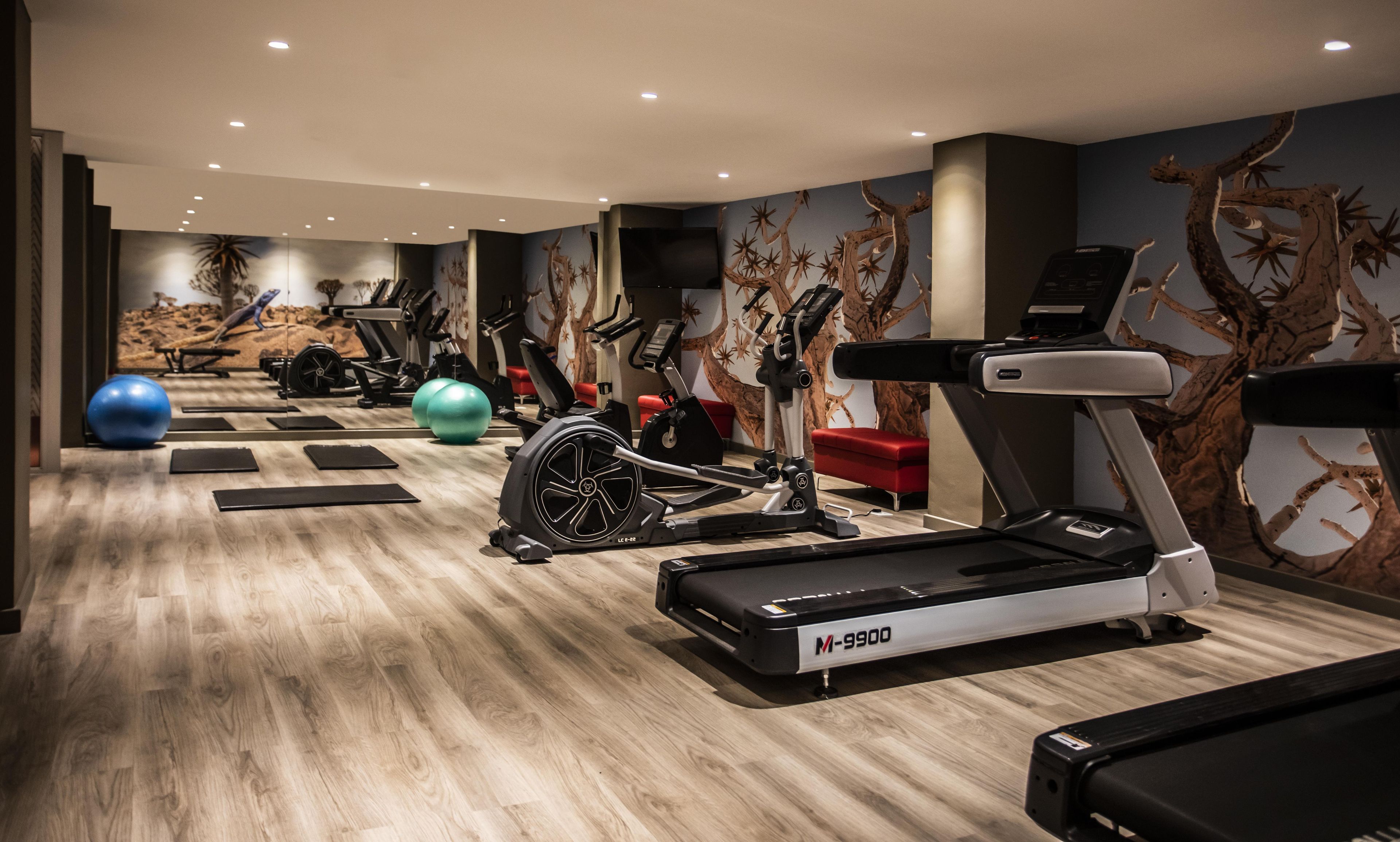 A gym with treadmills, stationary bikes, and exercise balls.