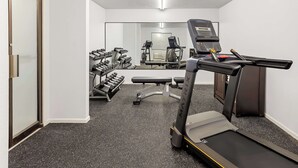 A gym with a treadmill, dumbbells, and exercise equipment.
