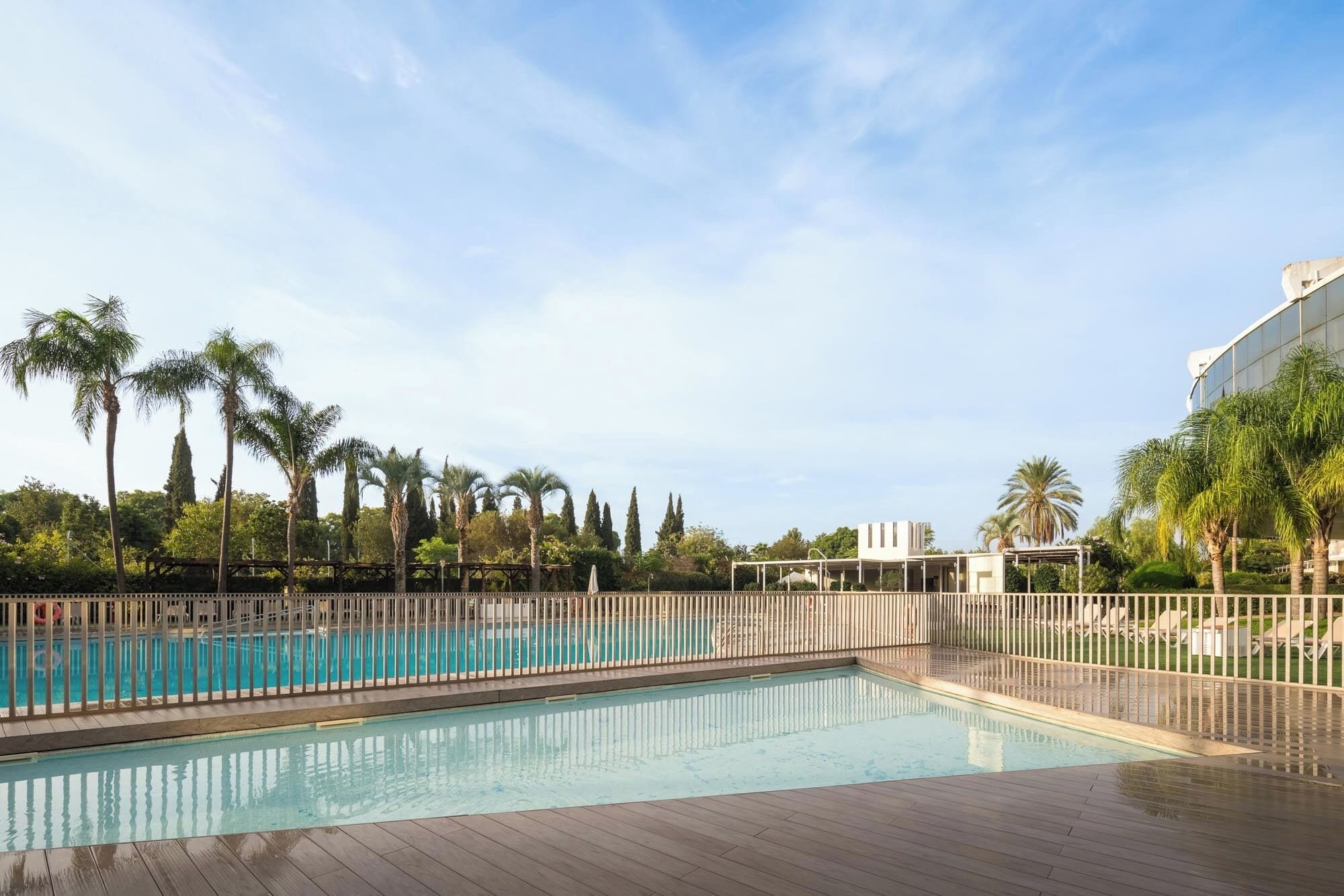 A swimming pool with a wooden deck, surrounded by palm trees and a modern building.