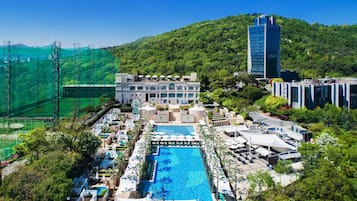 Indoor pool, outdoor pool, open 11:00 AM to 6:30 PM, cabanas (surcharge)