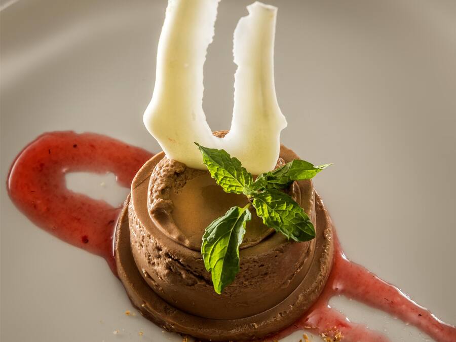 A dessert with a chocolate base, white cream, and mint leaves on a plate with a red sauce.
