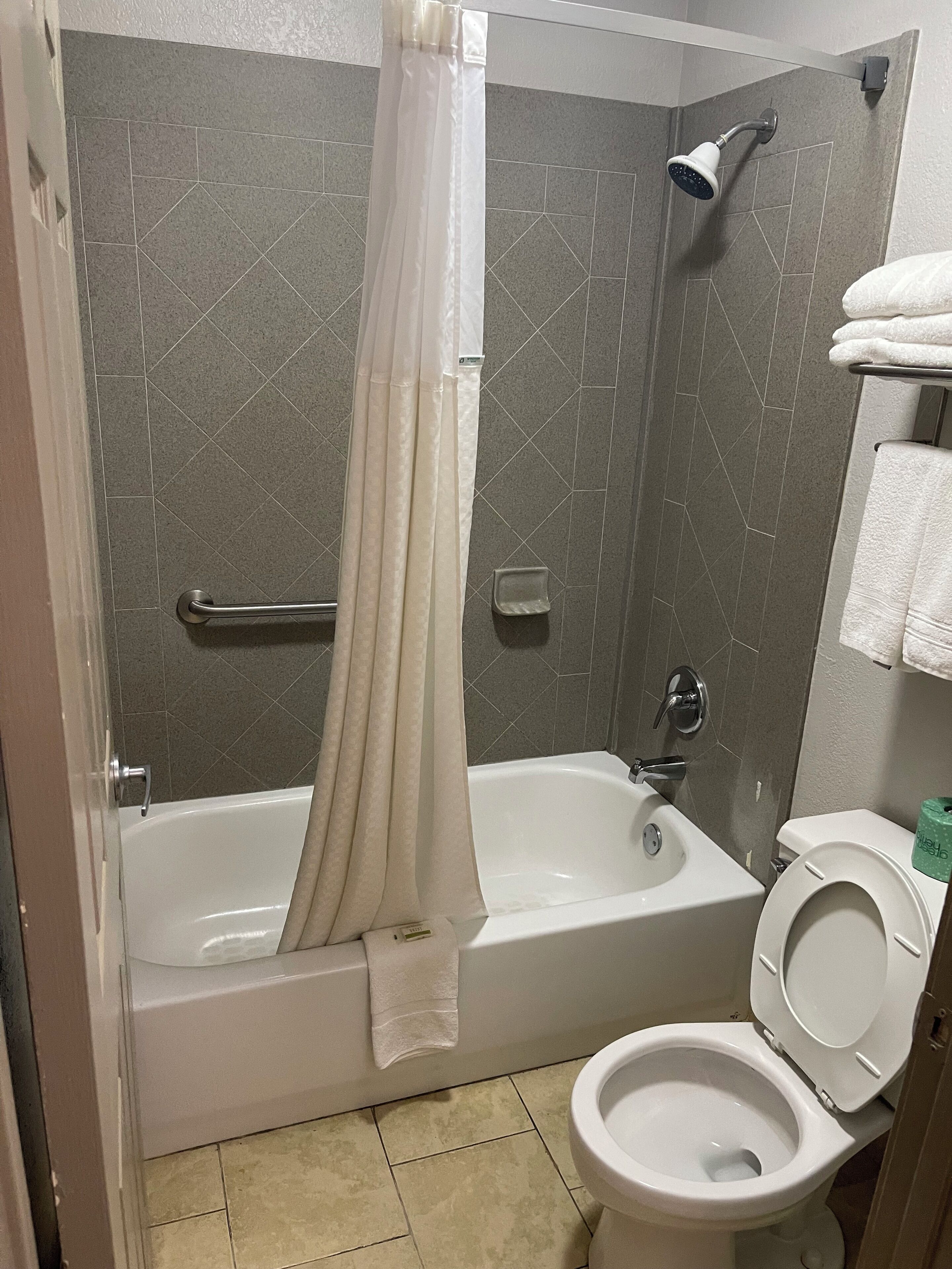 combined shower/bathtub, hair dryer, towels