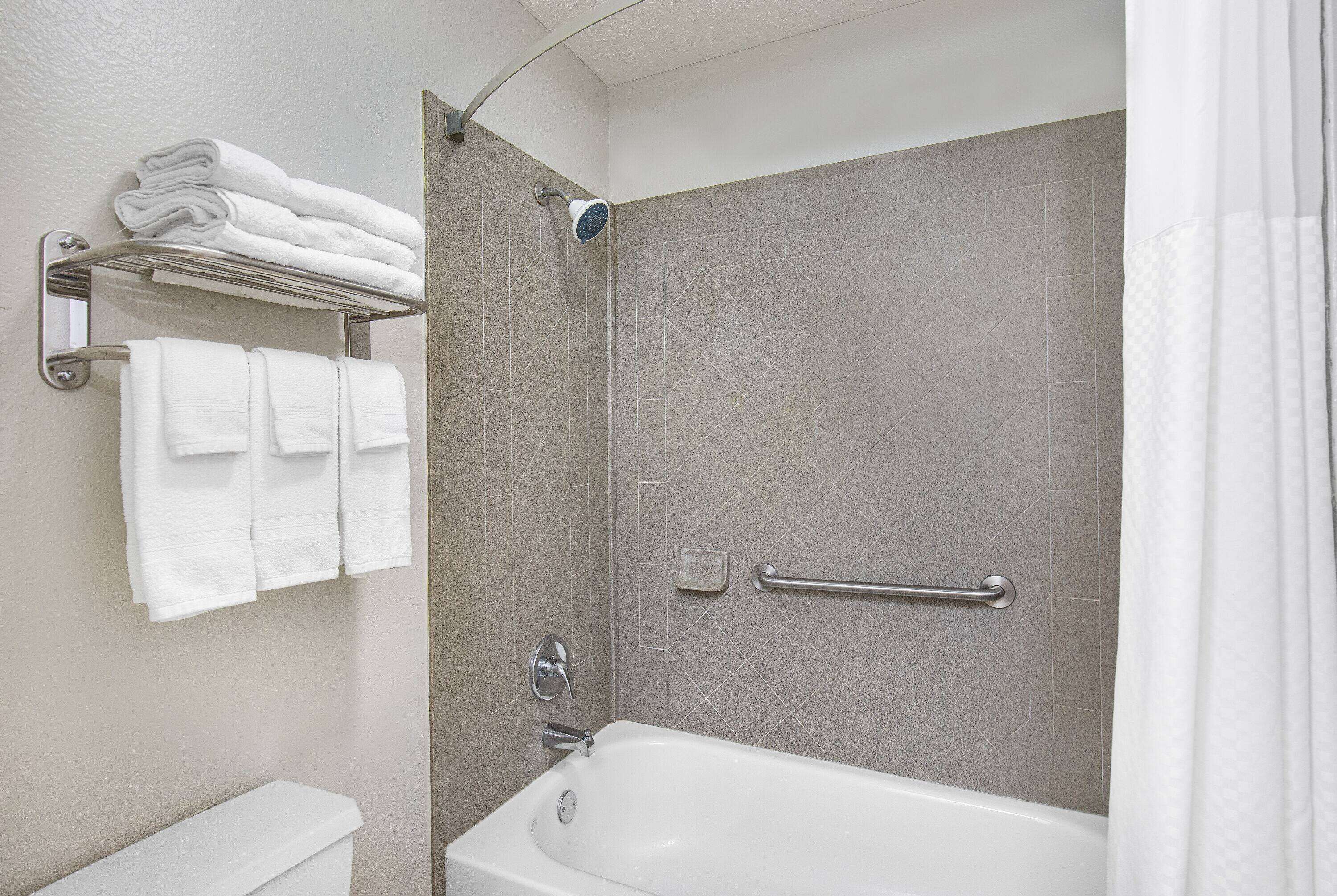 combined shower/bathtub, hair dryer, towels