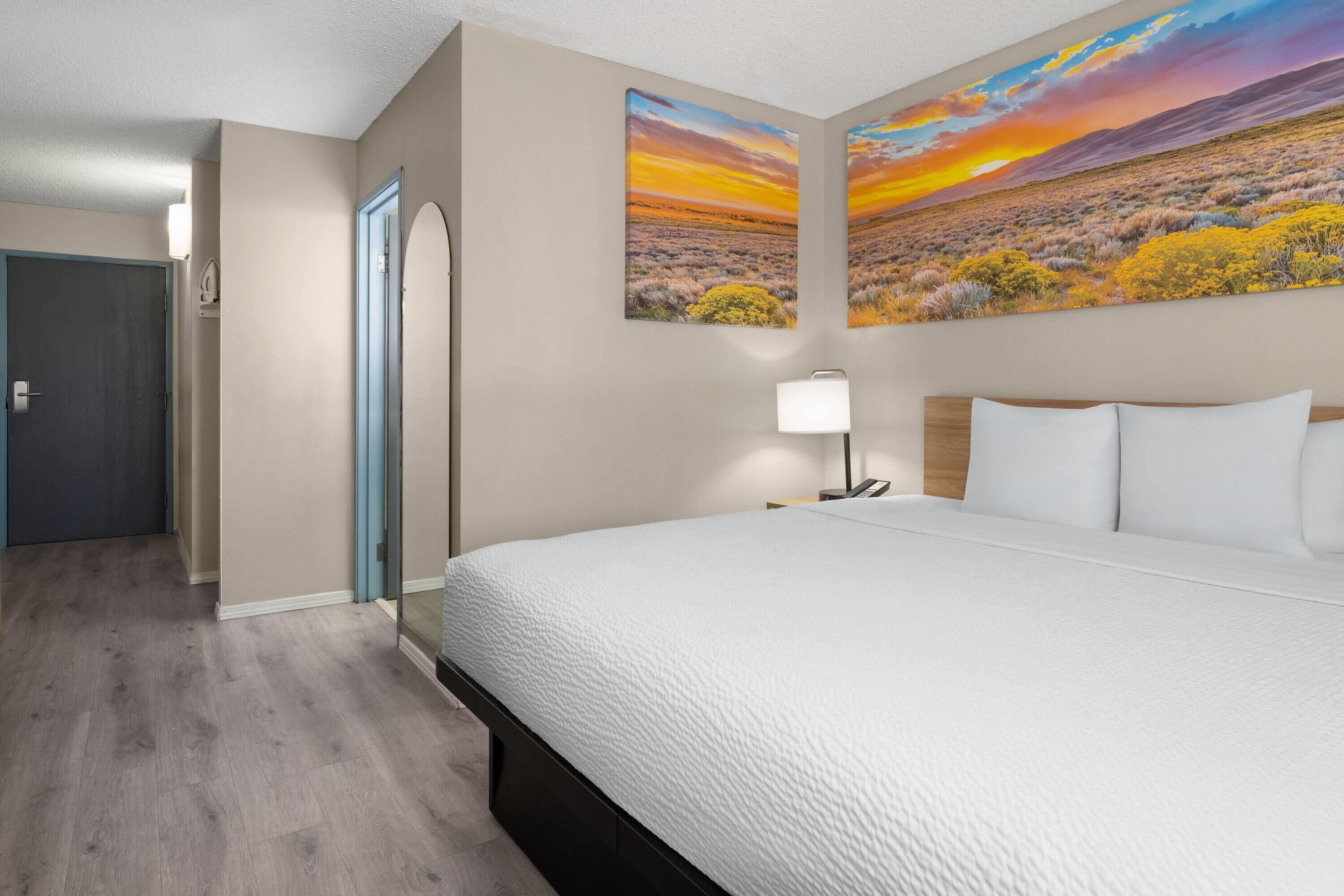 A hotel room with a large bed, a door, a wall-mounted lamp, and two landscape paintings.