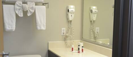 A bathroom with a toilet, a sink, a mirror, and a hairdryer.