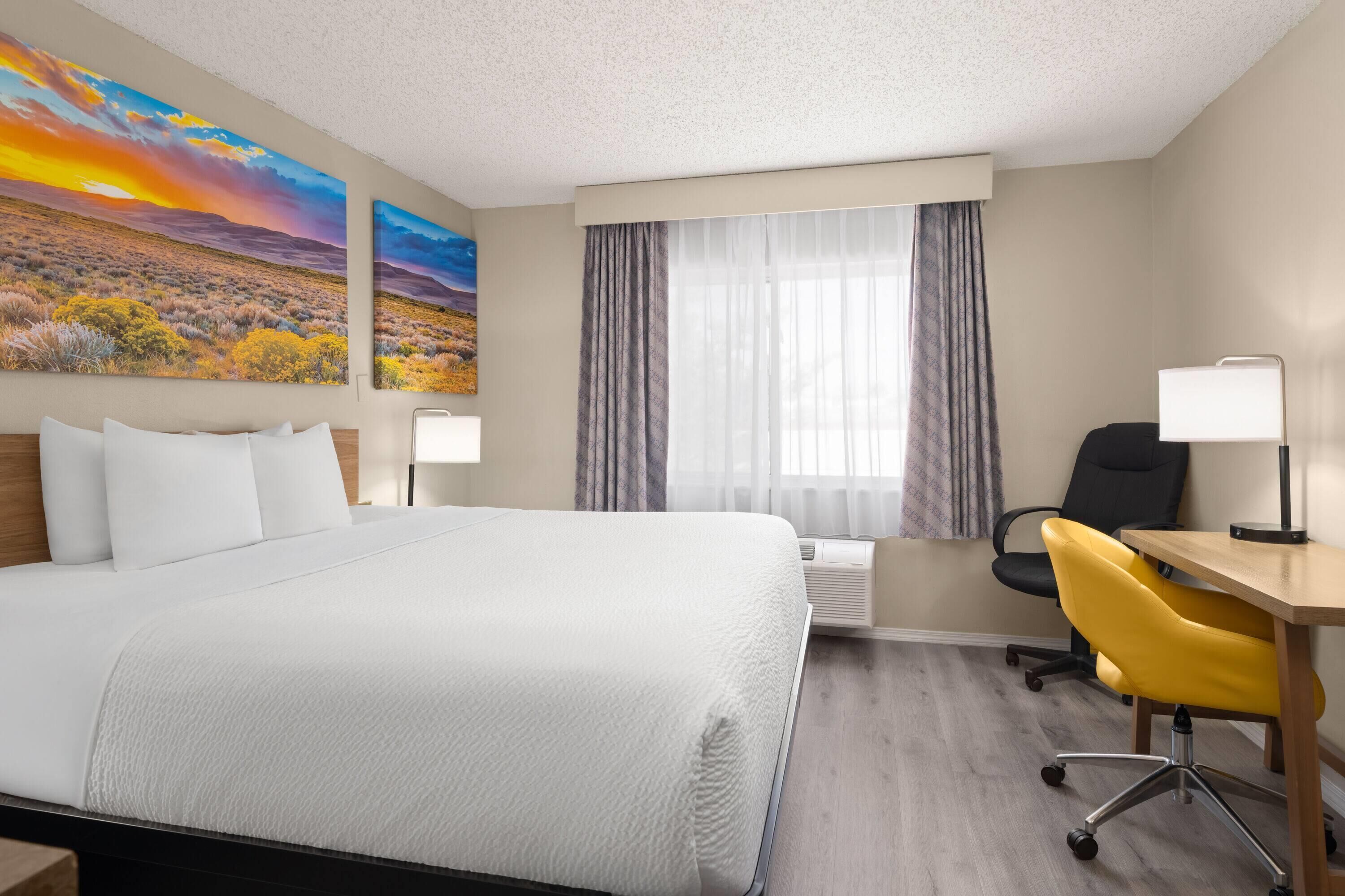 Une chambre d’hôtel avec un grand lit, un bureau, une chaise, une fenêtre avec des rideaux et deux tableaux représentant des paysages accrochés au mur.