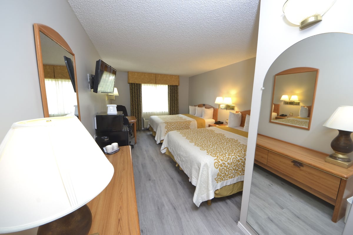 Room, 2 Queen Beds, Non Smoking | Desk, laptop workspace, blackout drapes, iron/ironing board