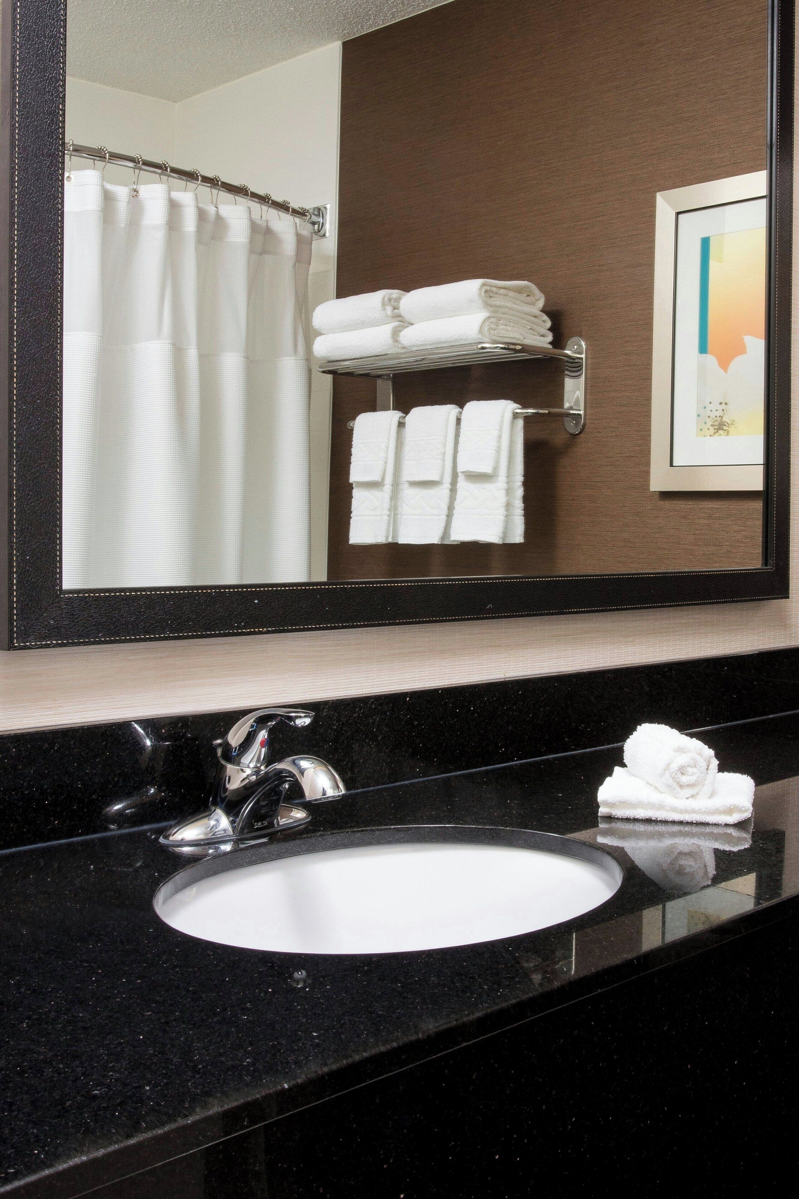 combined shower/bathtub, free toiletries, hair dryer, towels