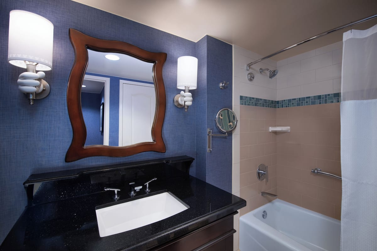 combined shower/bathtub, free toiletries, hair dryer, towels