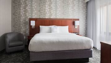 Premium bedding, pillowtop beds, desk, laptop workspace