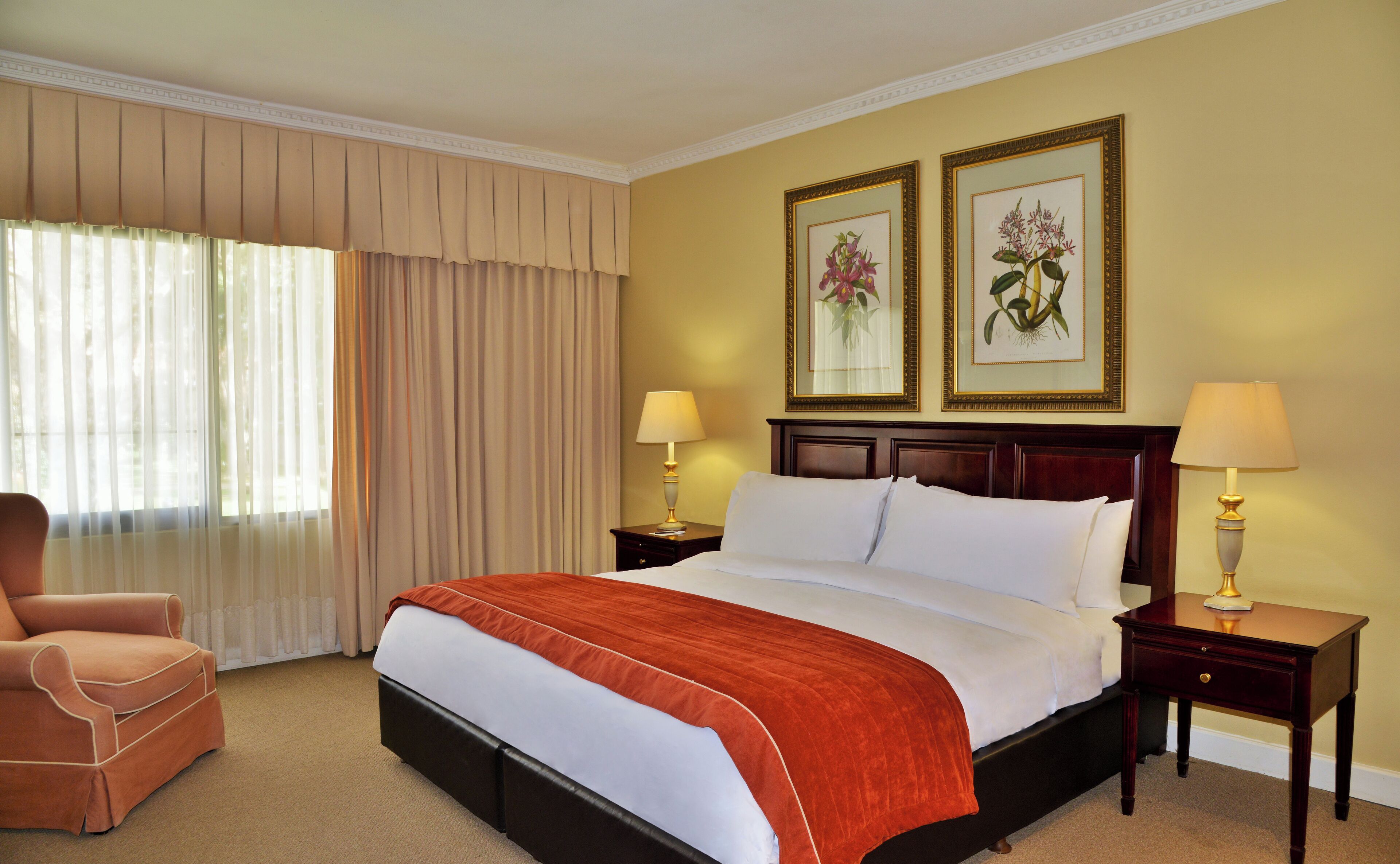 Une chambre d’hôtel avec un grand lit, deux tables de chevet avec des lampes, une chaise et deux reproductions botaniques encadrées accrochées au mur.