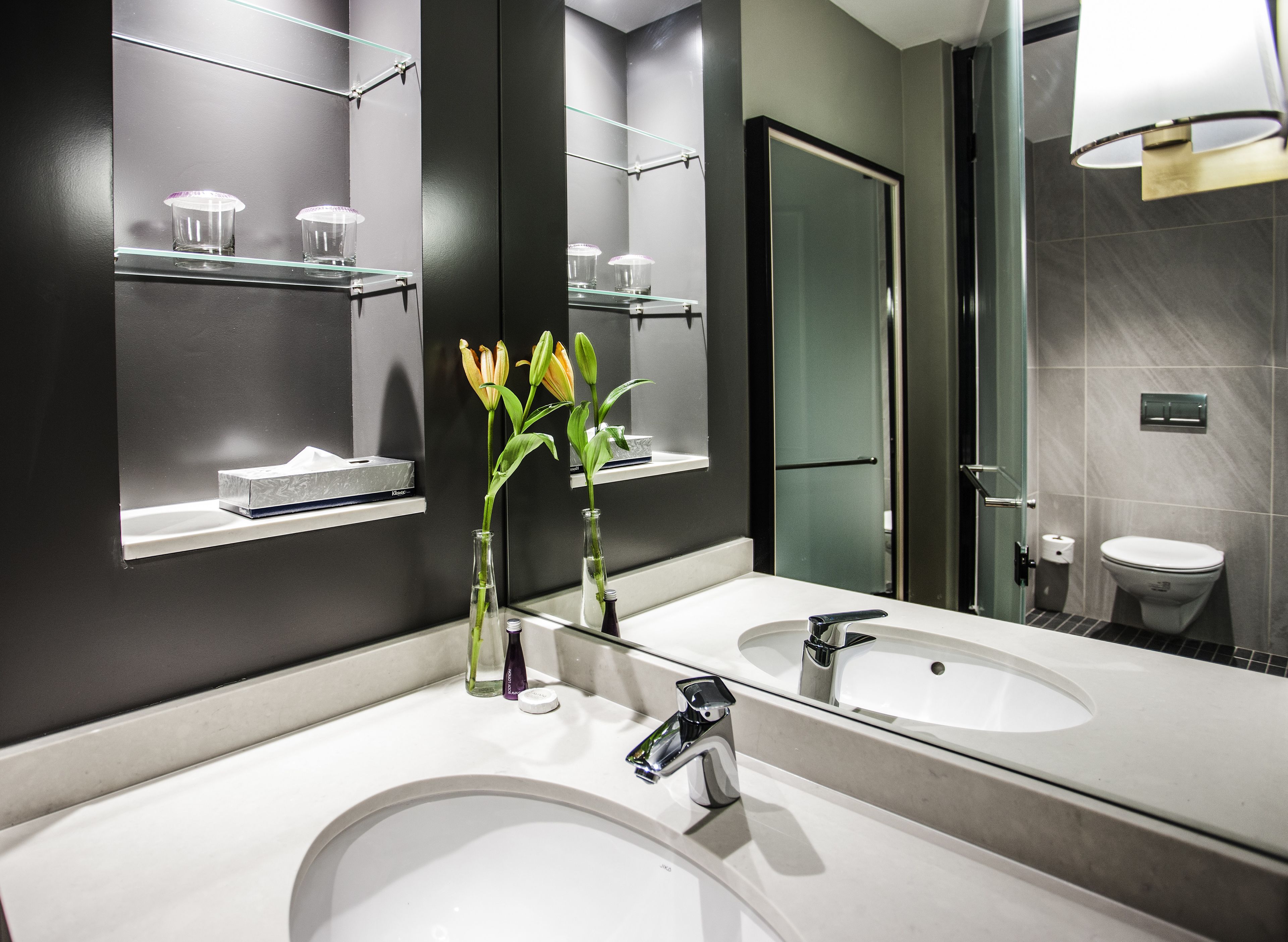 A modern bathroom with two sinks, a large mirror, and a toilet.