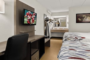 Habitación de hotel con televisión de pantalla plana, escritorio, silla, cama con colcha estampada, espejo y baño con lavamanos y toallero.