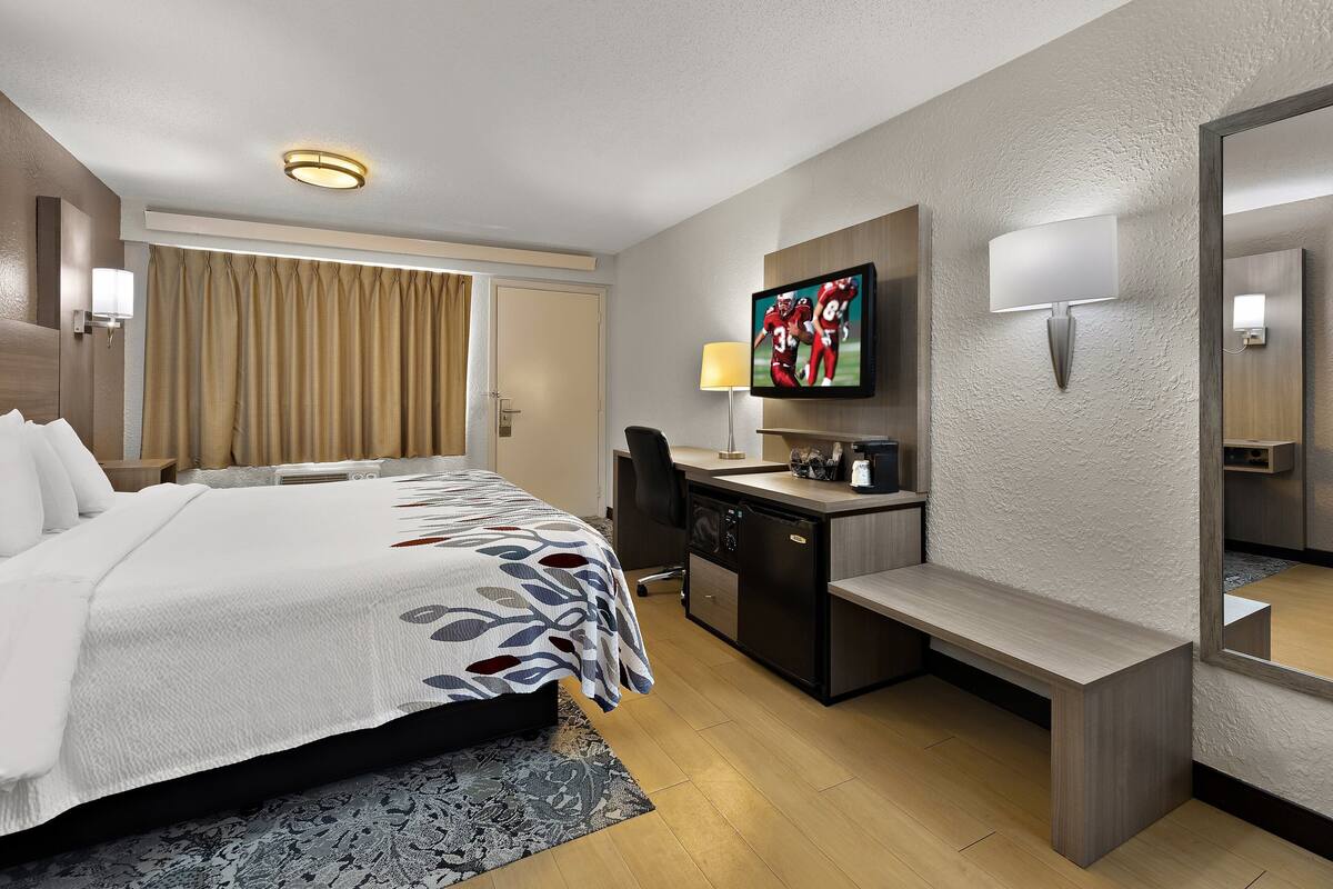 A hotel room with a bed, desk, chair, TV, and a mirror.