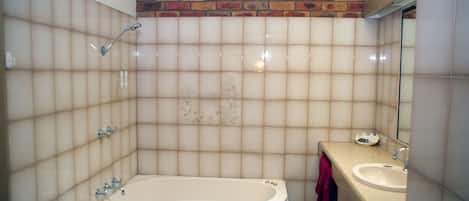 Un baño con una bañera, un lavabo y un espejo.