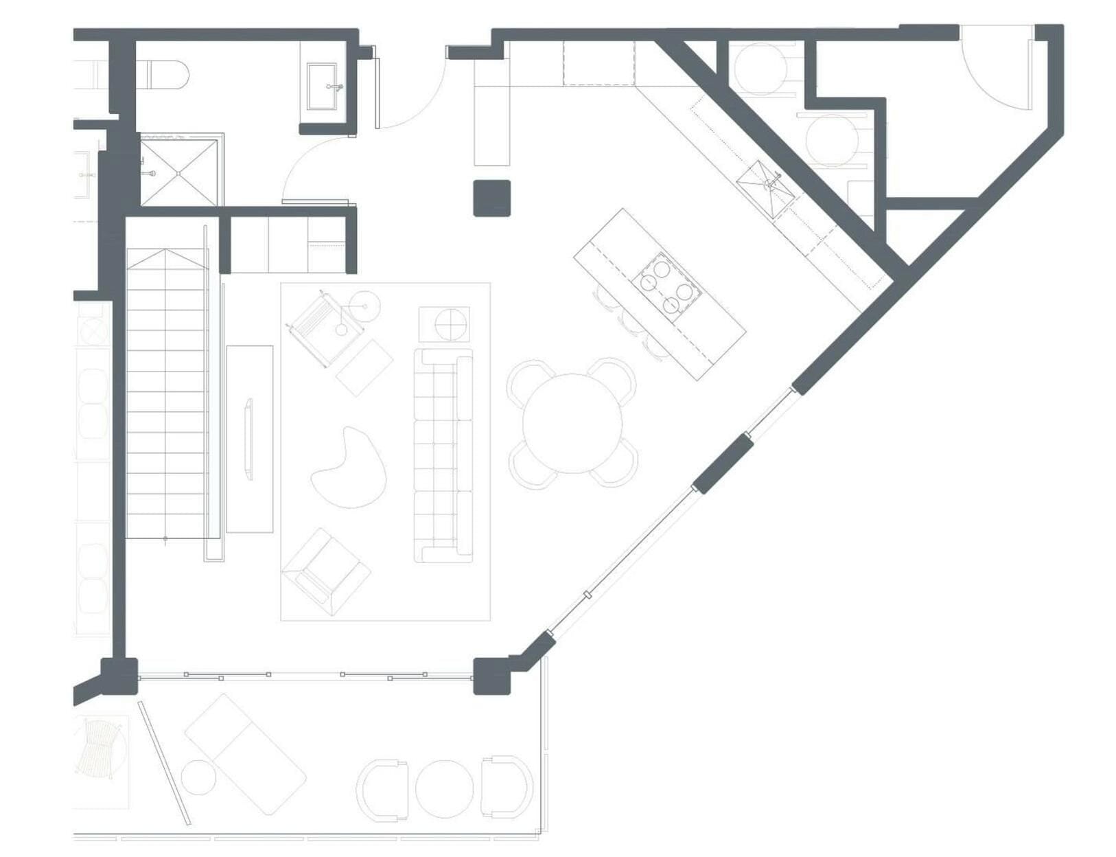 A floor plan of a hotel with multiple rooms, a kitchen, and a dining area.