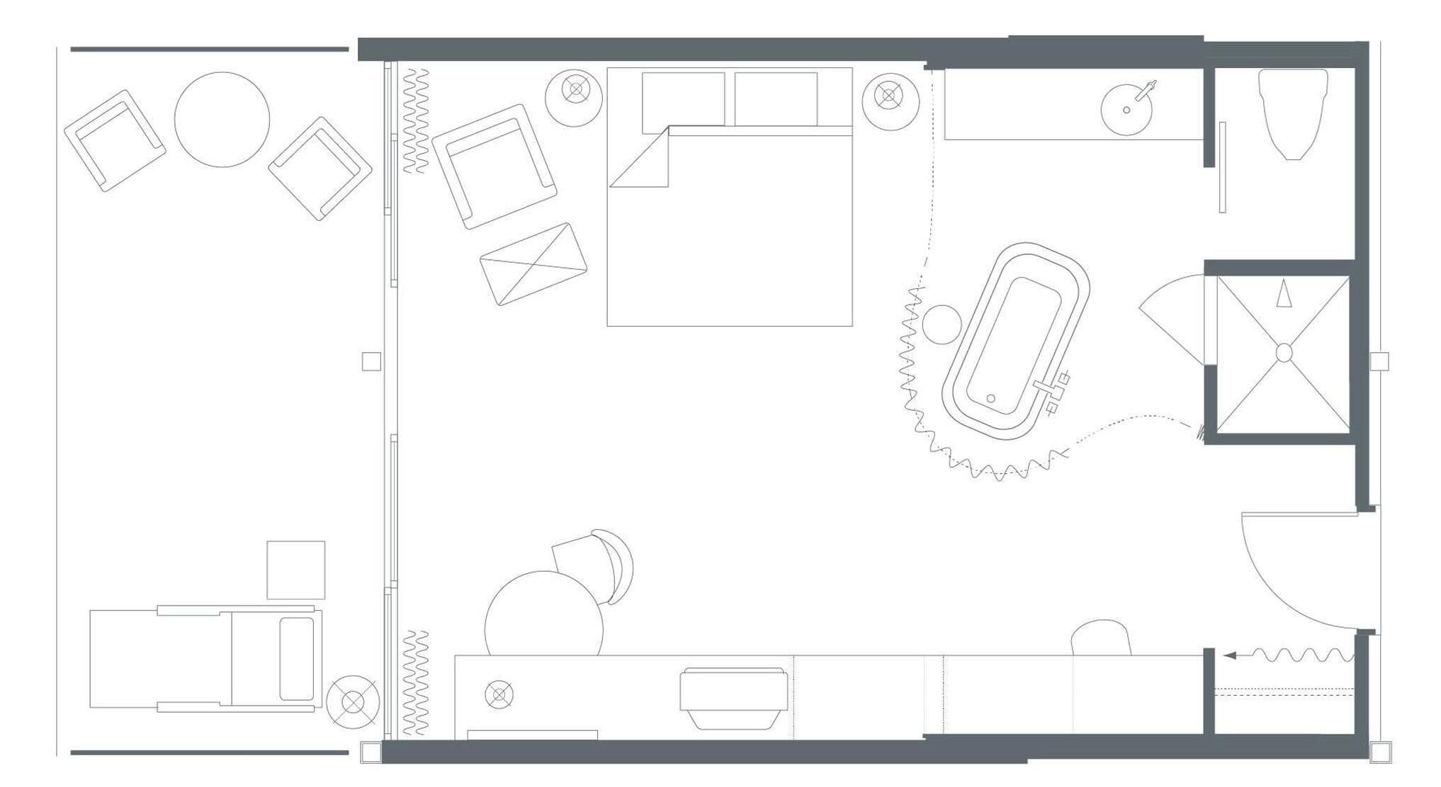 A floor plan of a hotel with multiple rooms, a swimming pool, and a gym area.