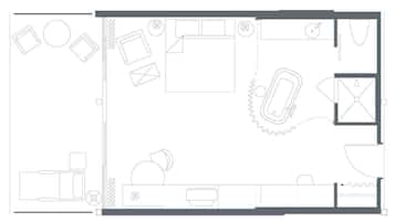 A floor plan of a hotel with multiple rooms, a swimming pool, and a gym area.