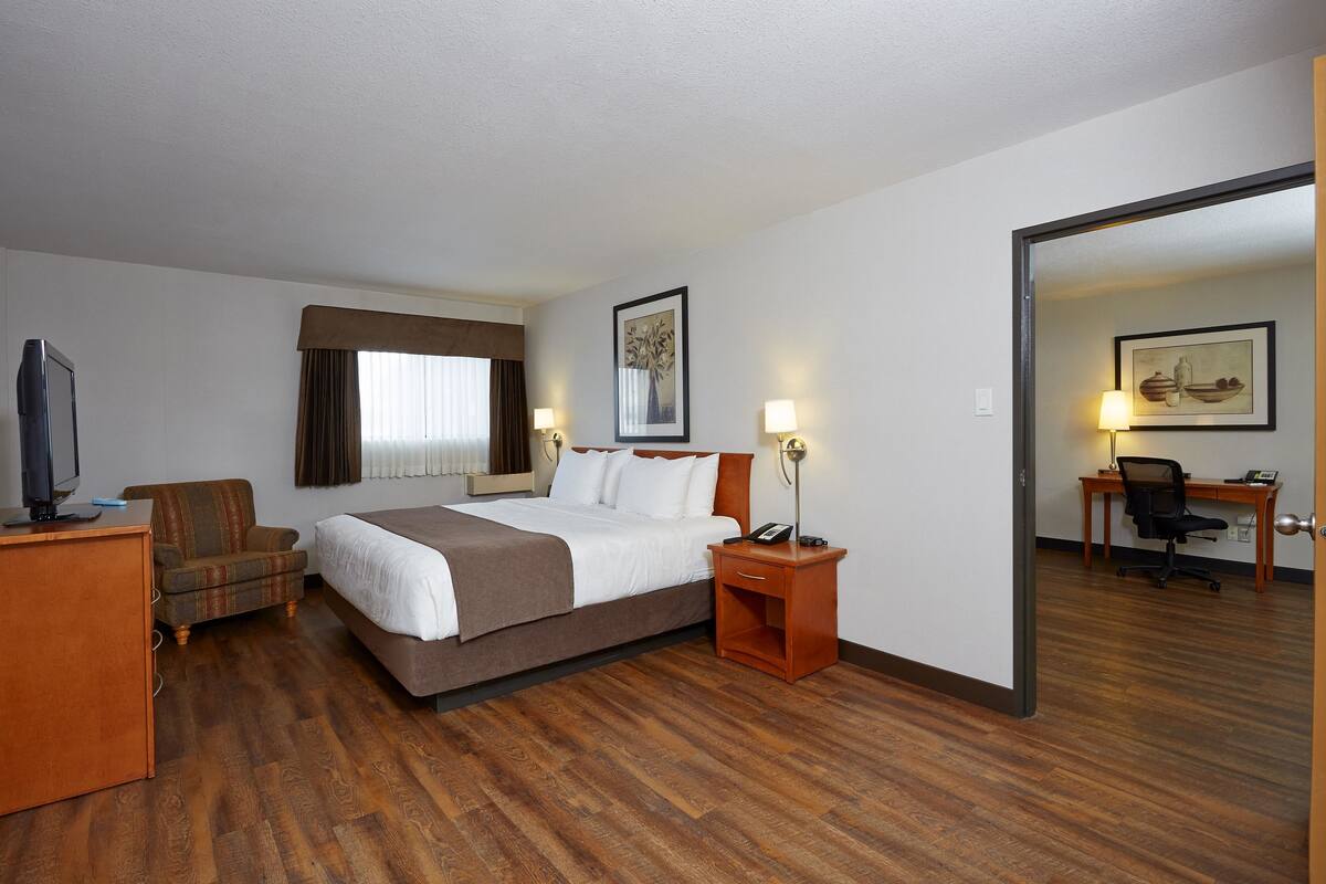 A hotel room with a bed, a desk, a chair, a TV, and a lamp.