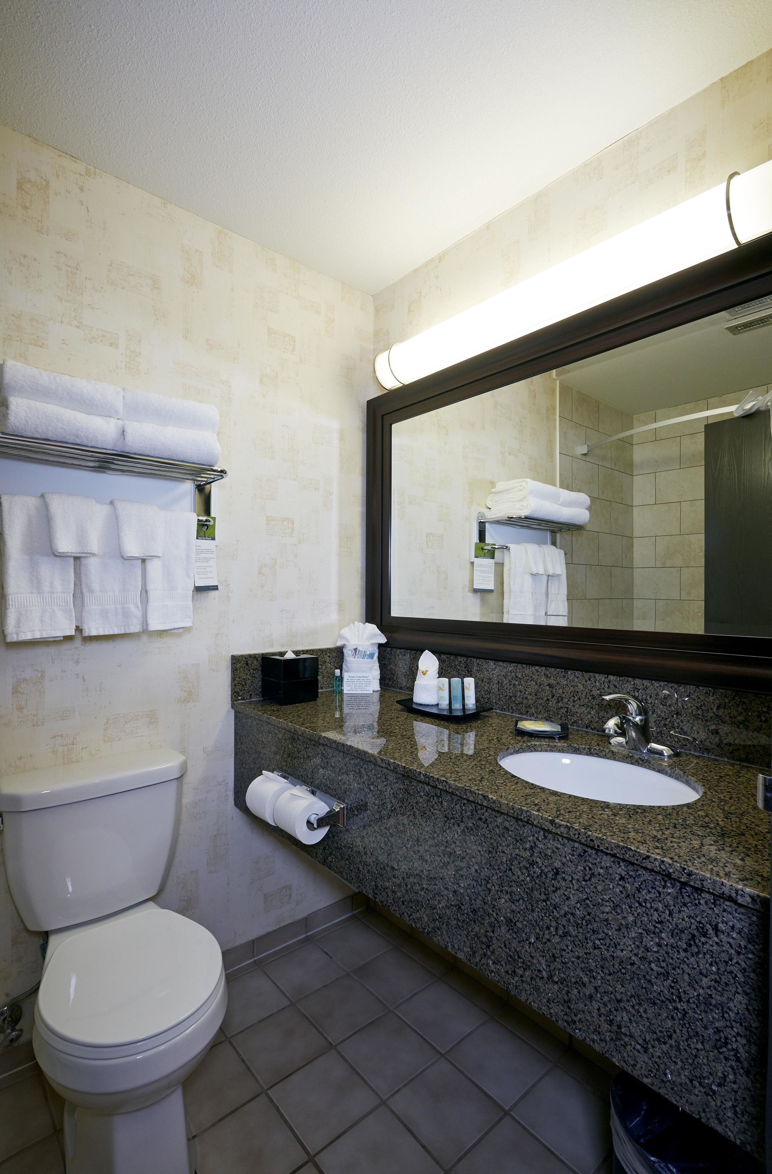 combined shower/bathtub, designer toiletries, hair dryer, towels