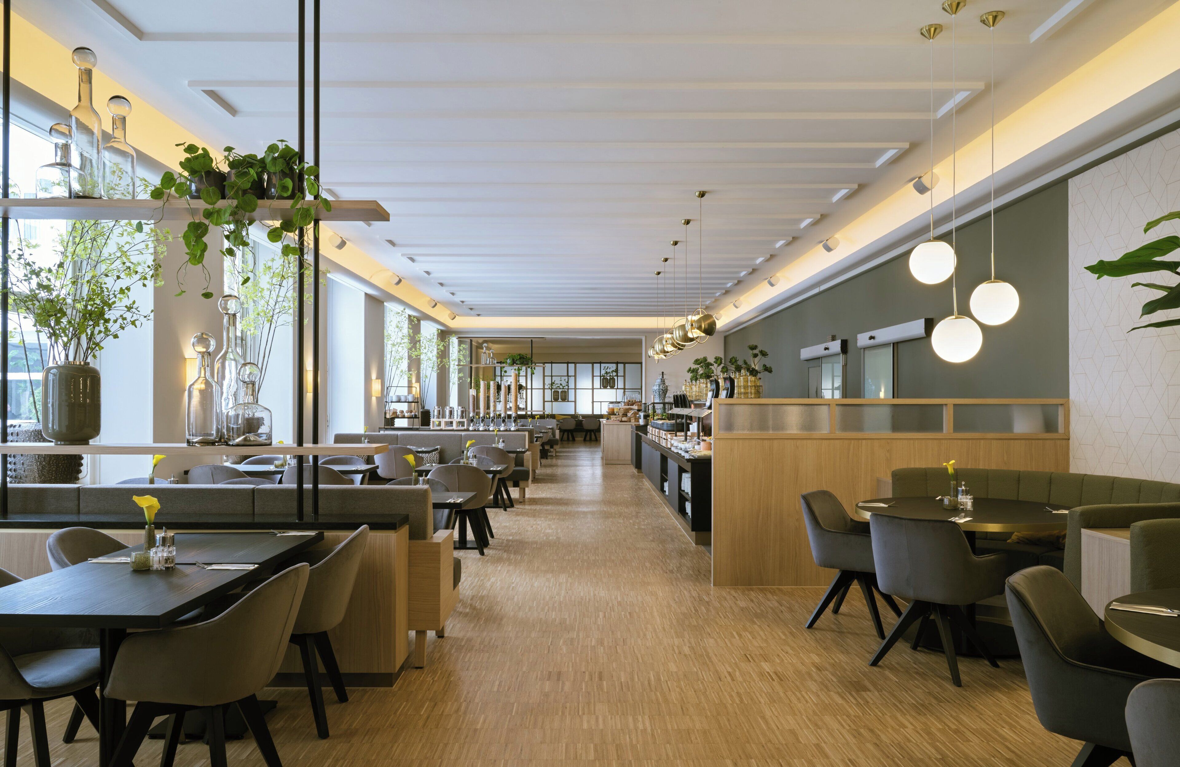 A modern restaurant with wooden flooring, black and grey chairs, and hanging plants.