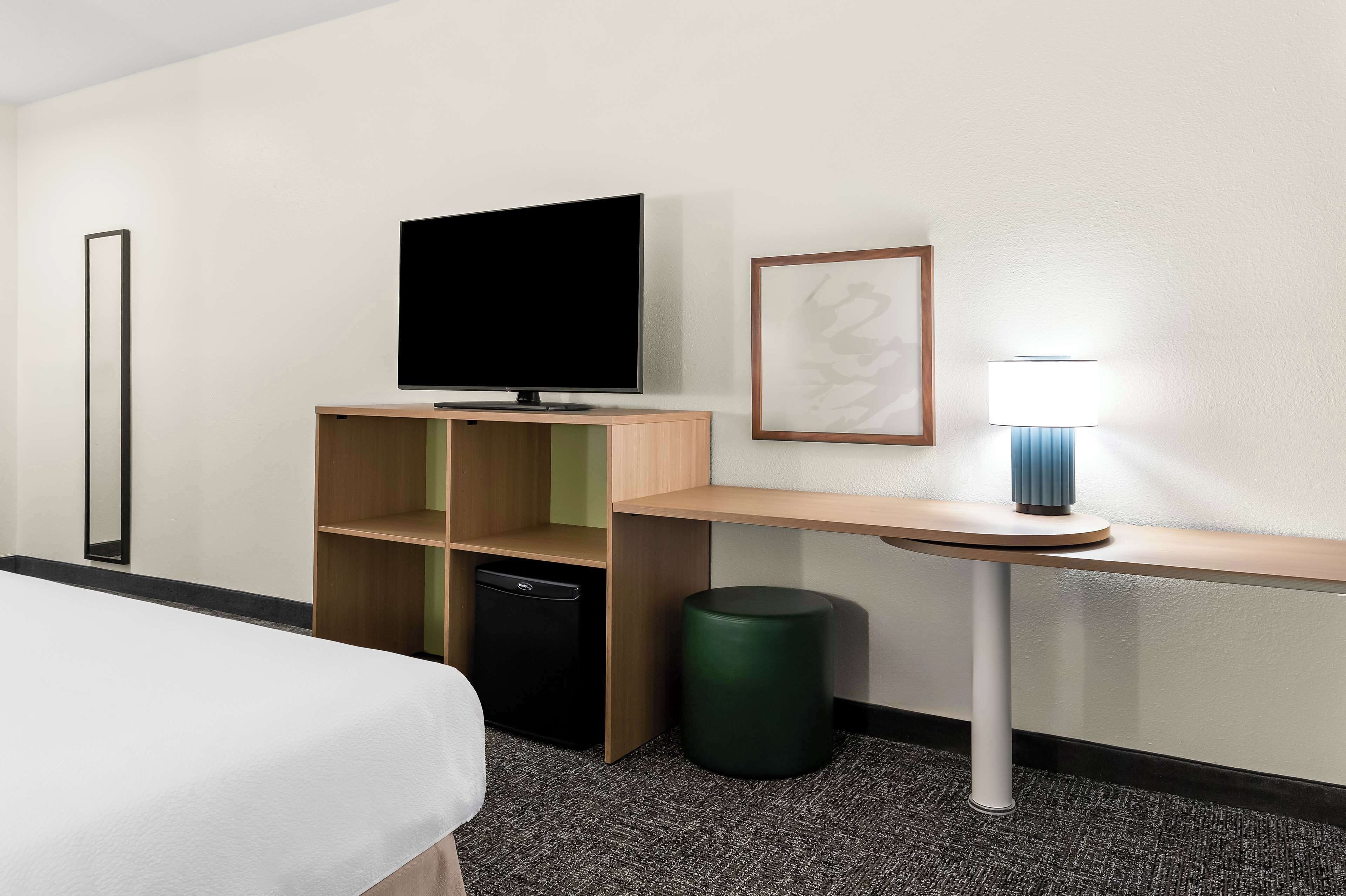 Habitación de hotel con cama, televisor sobre un mueble de madera, escritorio con lámpara, cubo de basura y un cuadro en la pared.