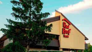 Un bâtiment de la chaîne Red Roof Inn, avec un toit en pente et un grand arbre devant.