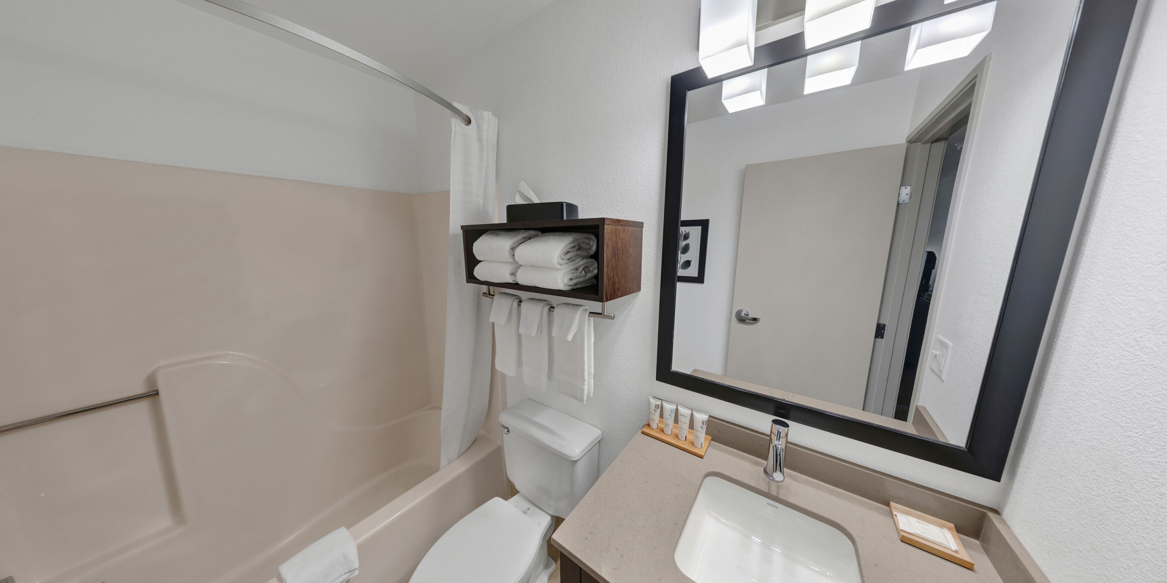 combined shower/bathtub, free toiletries, hair dryer, towels