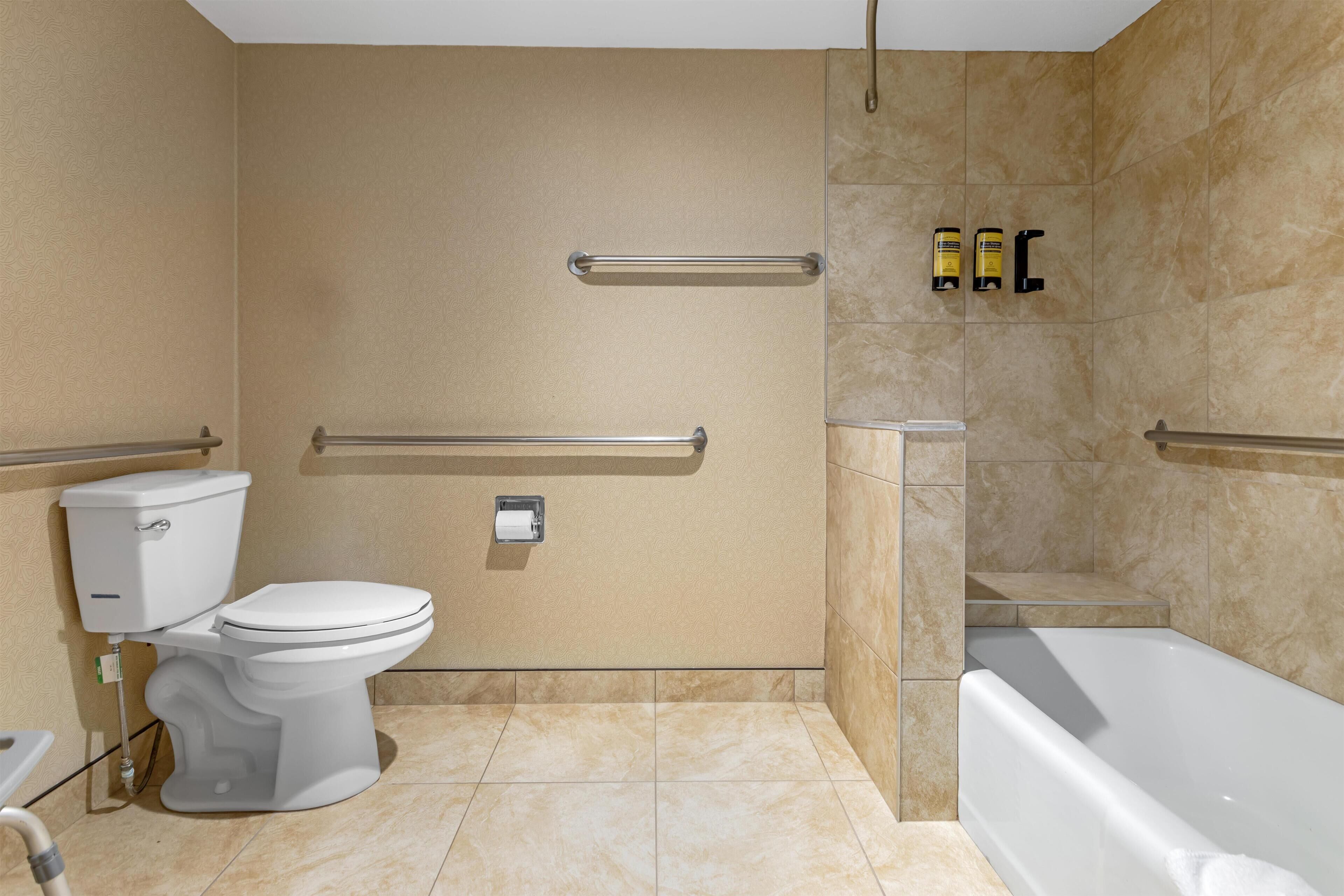 A modern bathroom with a toilet, a handrail, a shower area, and a bathtub.