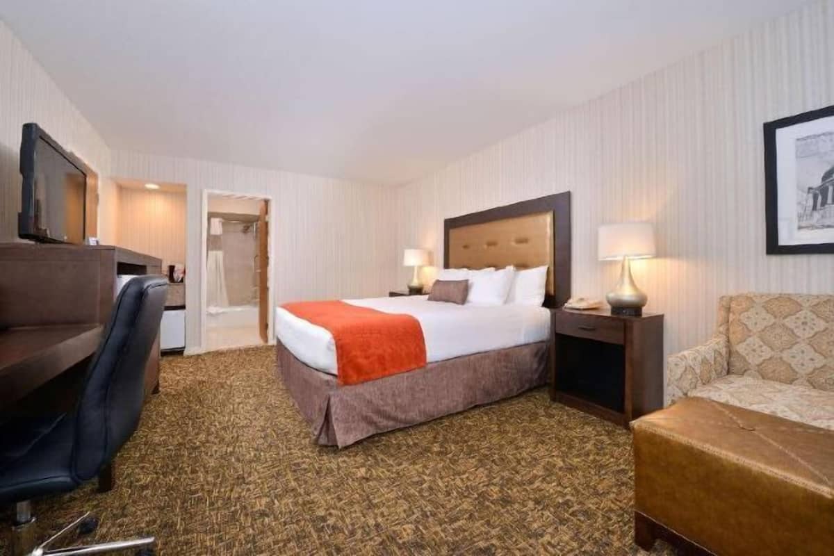 Premium bedding, desk, laptop workspace, blackout curtains