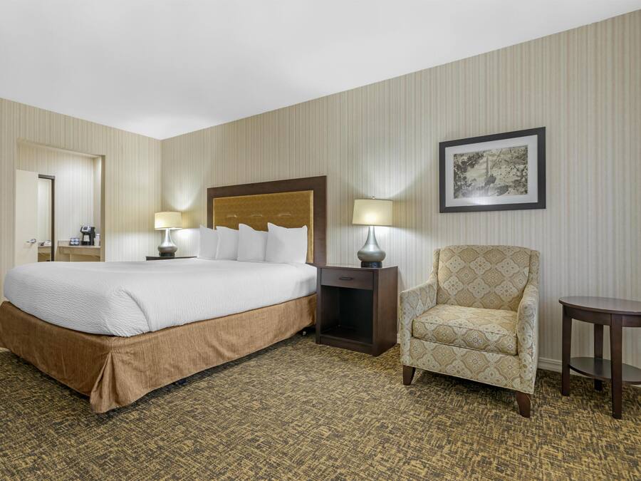 A hotel room with a large bed, a chair, a nightstand, a lamp, and a framed picture on the wall.