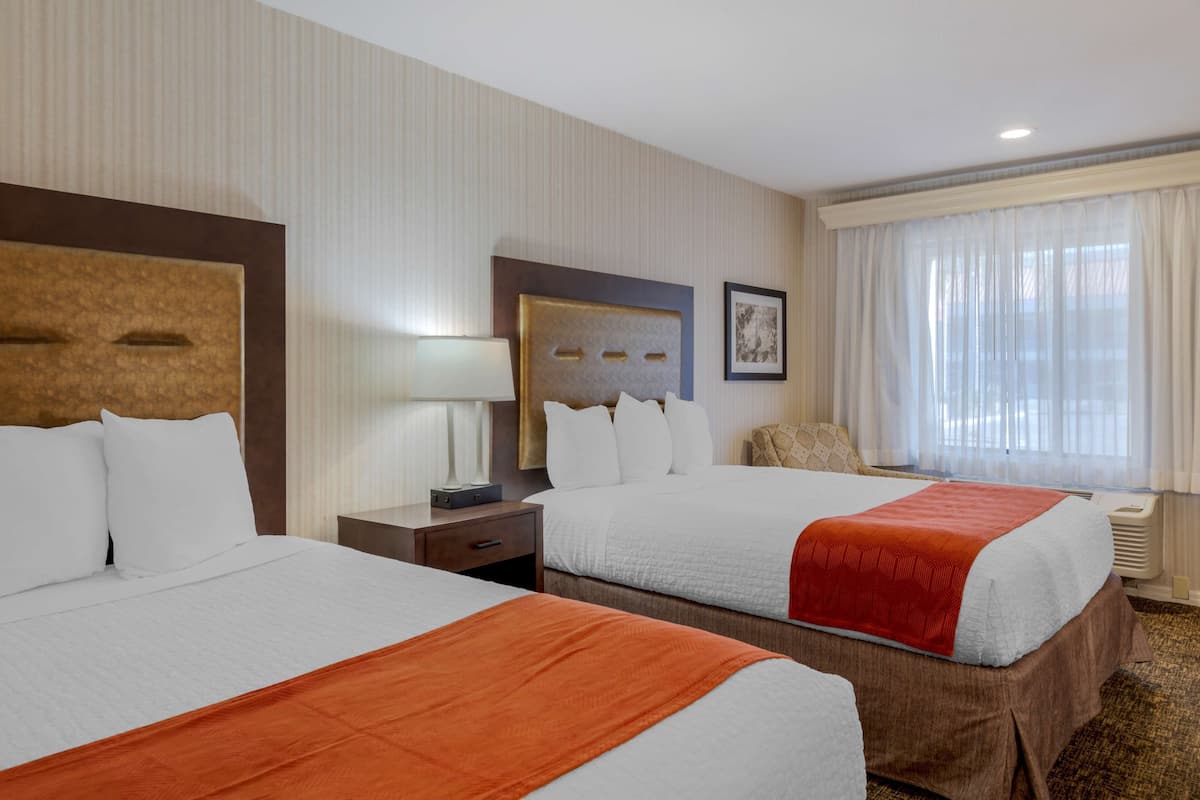 Premium bedding, desk, laptop workspace, blackout drapes