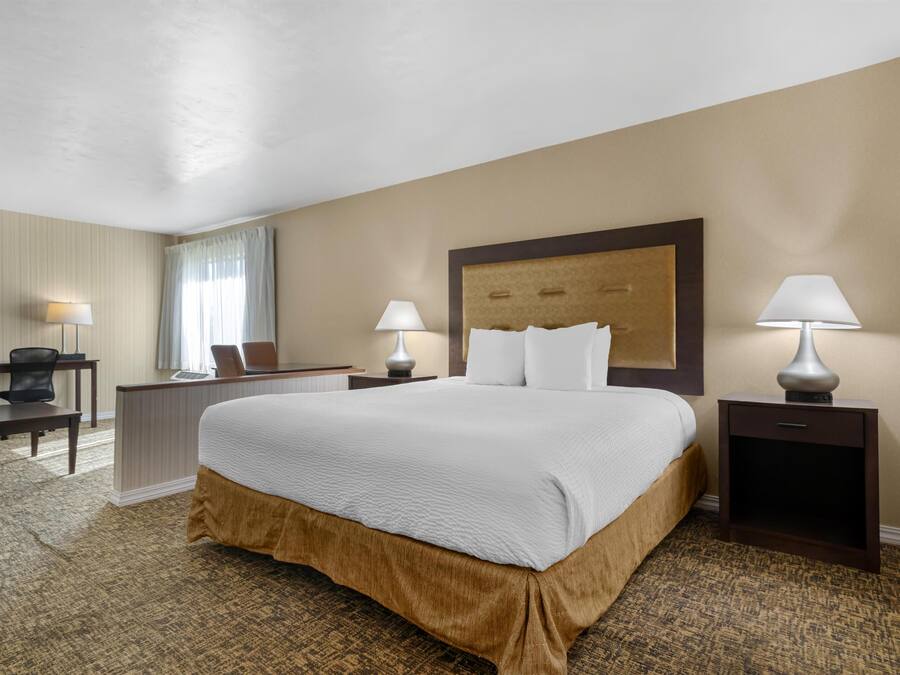 Quarto de hotel com uma cama grande, duas mesas de cabeceira com luminárias, uma escrivaninha com cadeira e uma janela com cortinas.