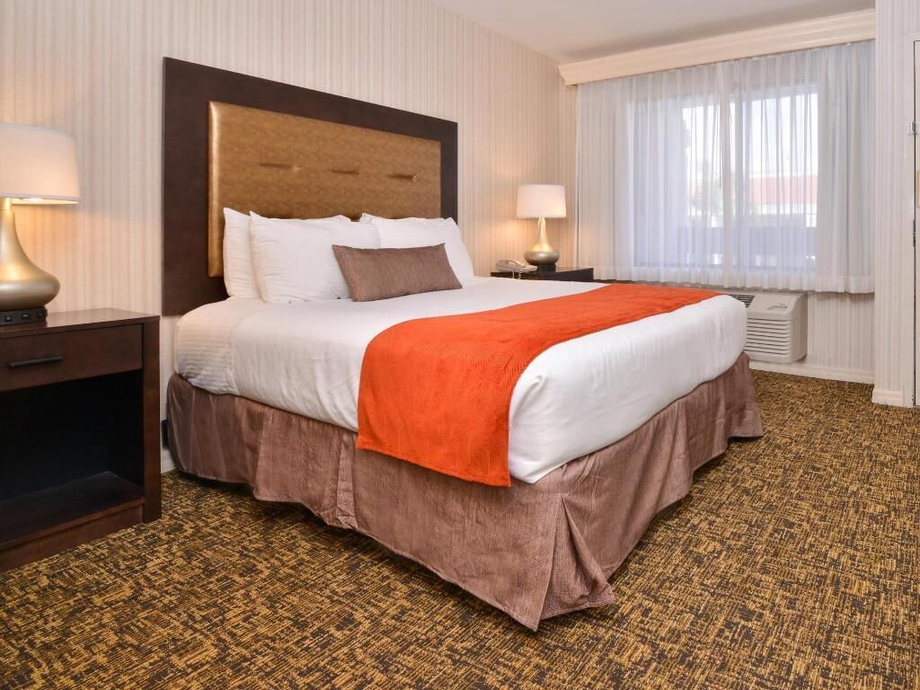 Premium bedding, desk, laptop workspace, blackout curtains