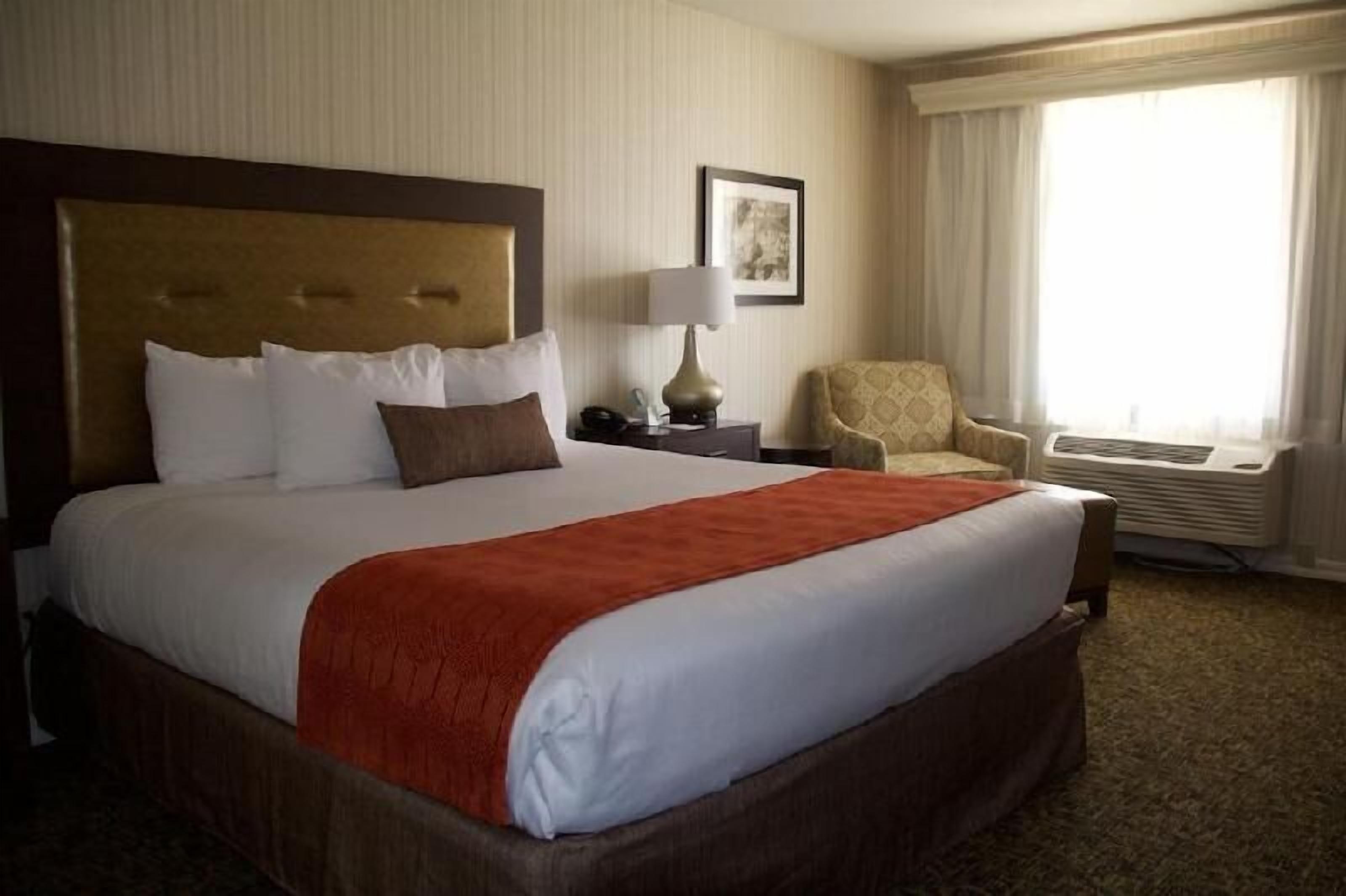 Premium bedding, desk, laptop workspace, blackout curtains