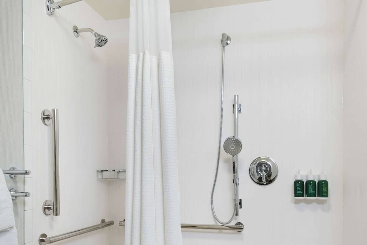 Combined shower/tub, free toiletries, hair dryer, towels
