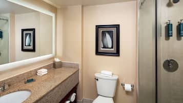 A bathroom with a granite countertop, a white toilet, a framed picture on the wall, and a shower area.