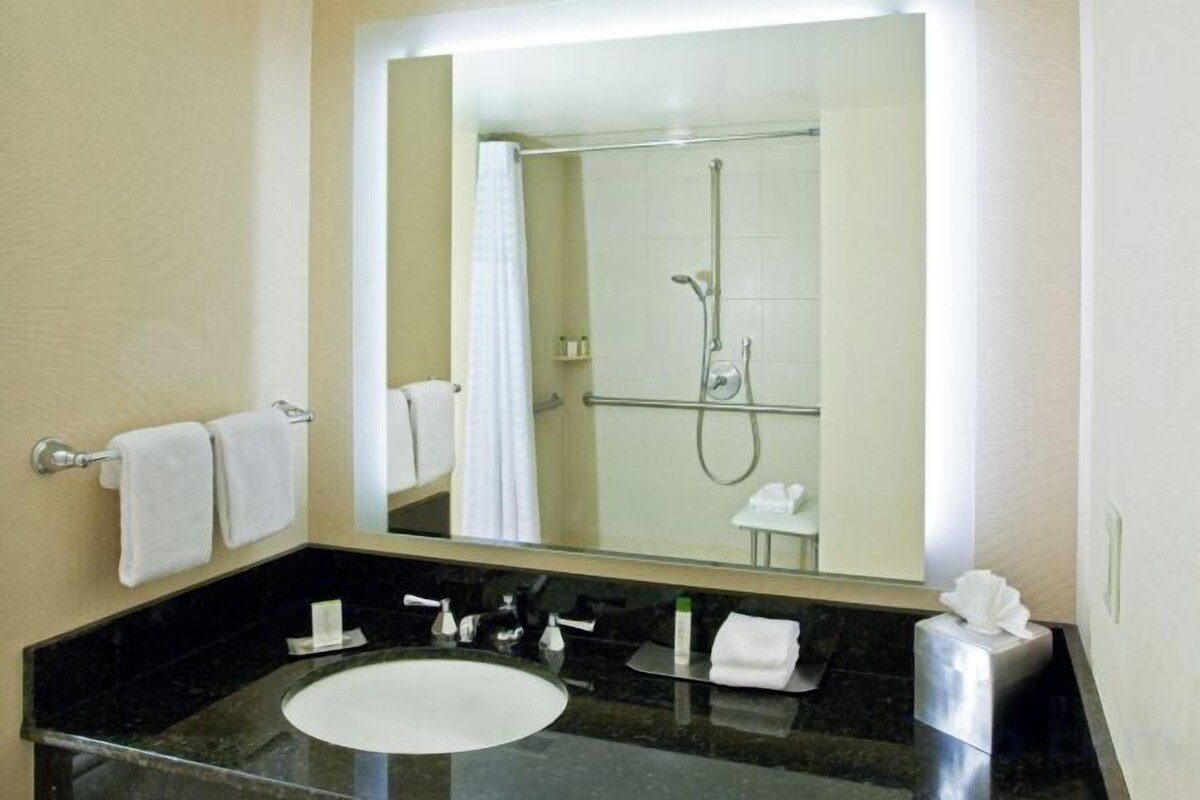 Bañera con ducha, artículos de tocador de diseñador, secador de pelo