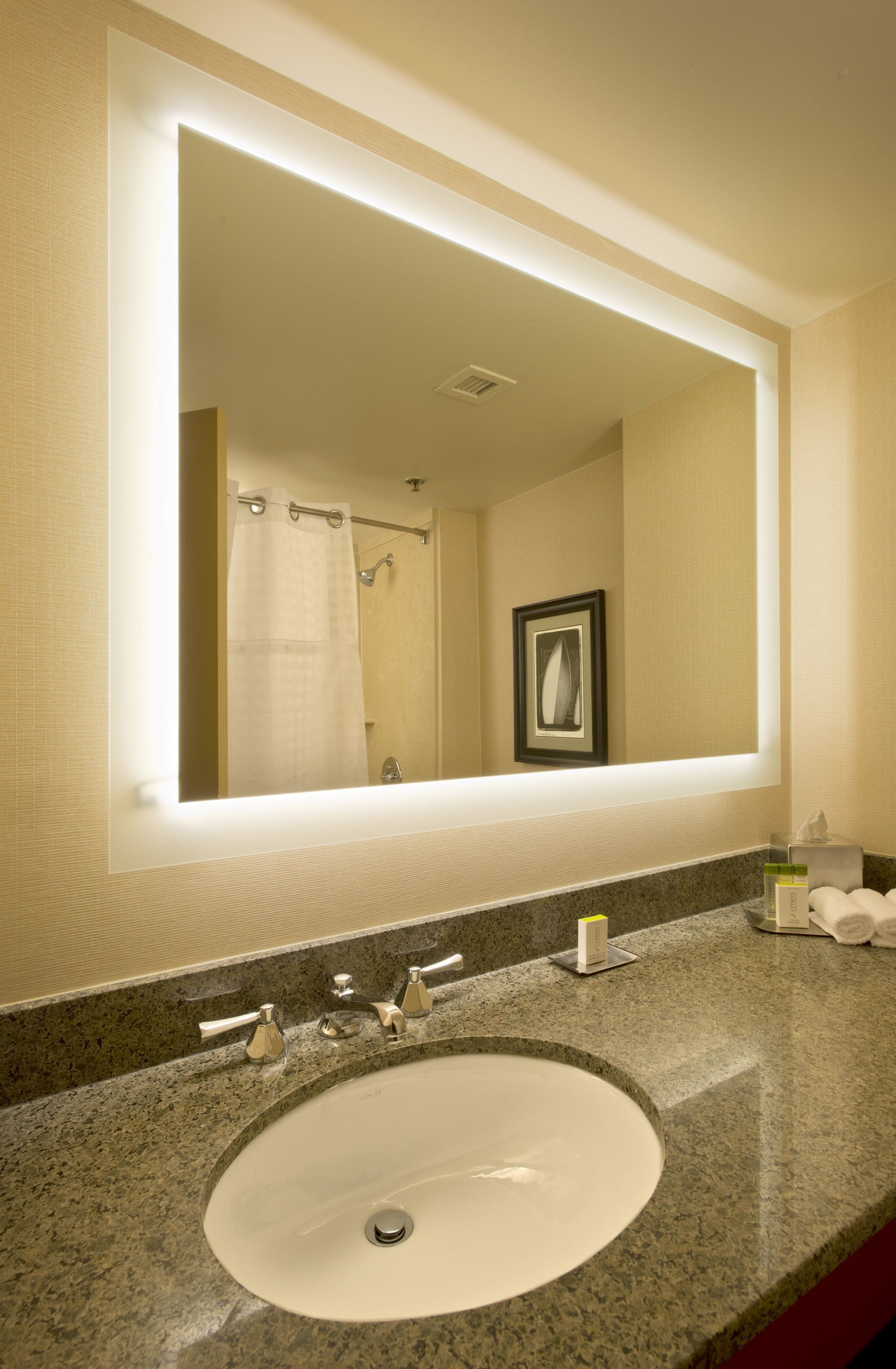 A bathroom with a large mirror, a sink, and a shower curtain.