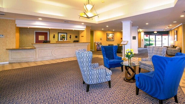 Un hall d’entrée avec un tapis à motifs, des fauteuils bleus et à motifs, un comptoir d’accueil et un lustre.