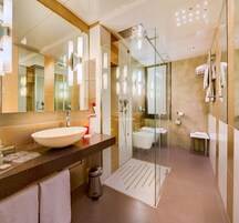 Duş/küvet kombinasyonu, geniş duş başlığı, lüks banyo/kozmetik ürünleri 