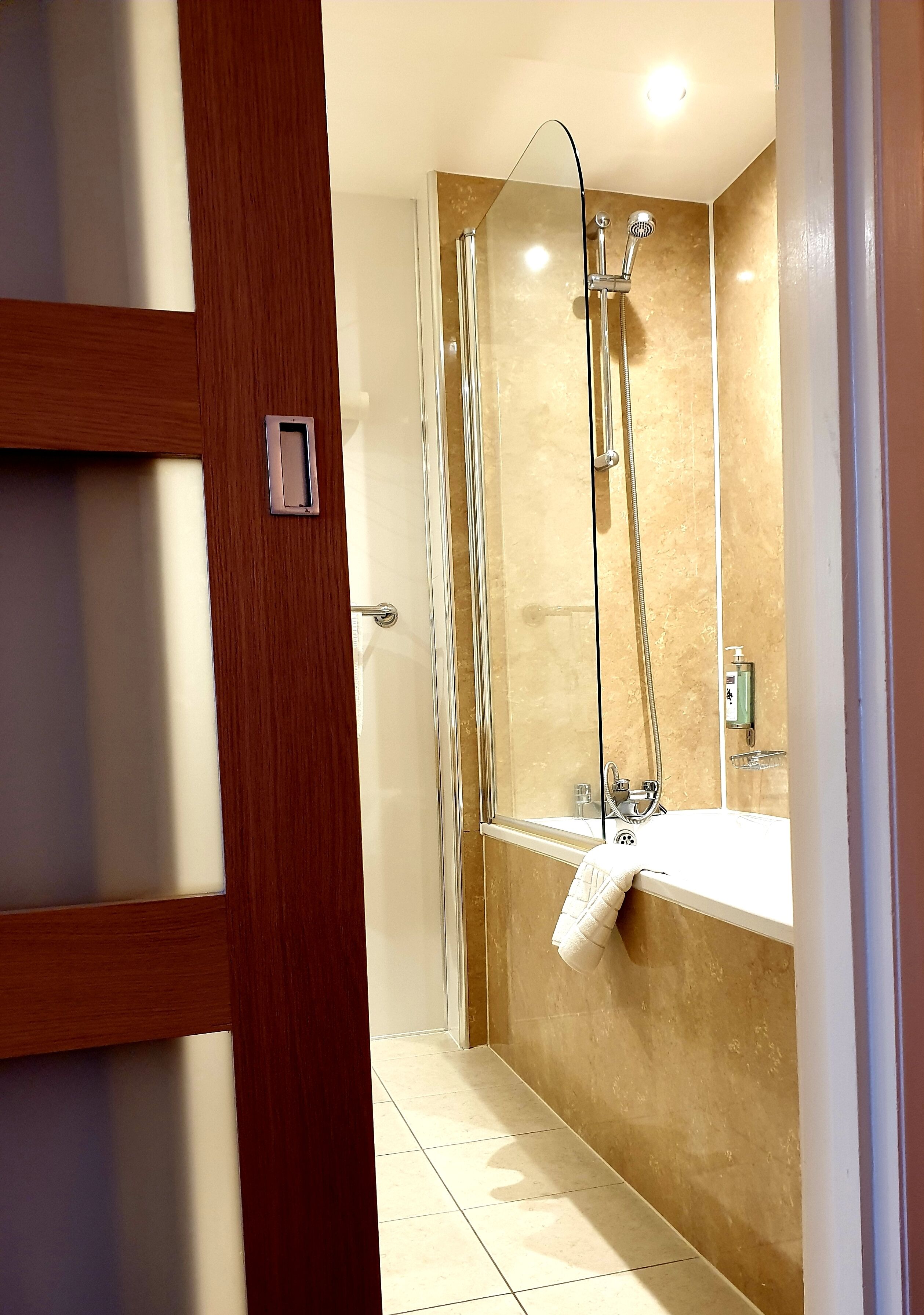 A modern bathroom with a glass-enclosed shower, a bathtub, and a wooden door.